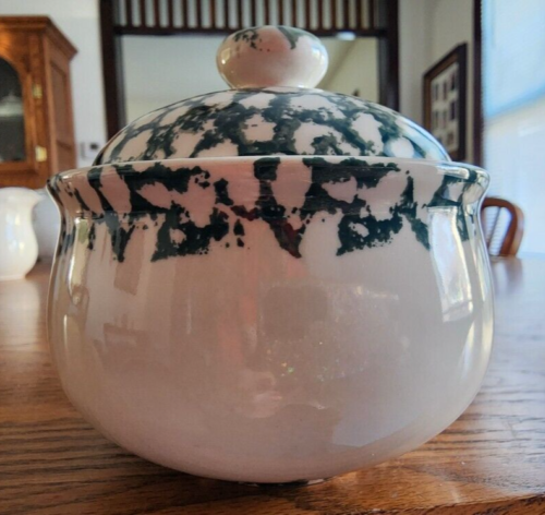 Moose Country Sugar Bowl Genuine Stoneware Tienshan Folkcraft White Green Sponge - Imagen 4 de 14