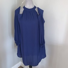 NWT Lush Womens Blue Cold Shoulder Shift Dress Knee Length Long Sleeve Boho