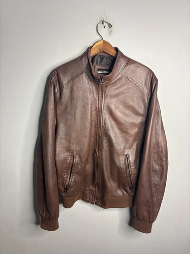 Austin Reed Mens Brown Leather Jacket Zip Up Bomber Size L Brown 4062