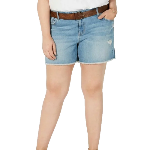 Style&Co Women's Distressed/Frayed Belted Jean Shorts, Blue Plus Size 24W
