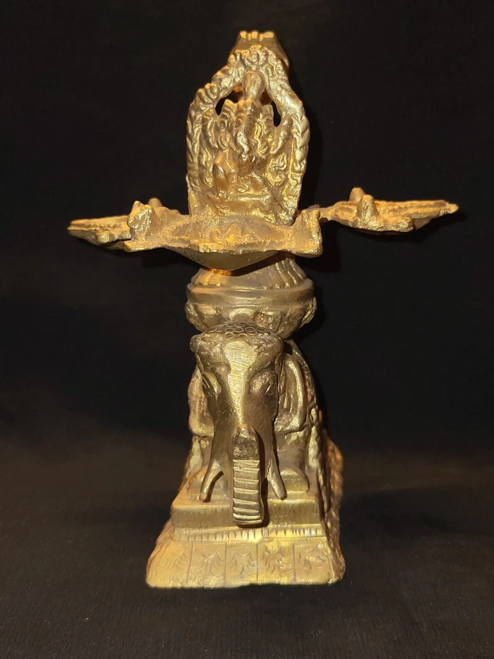 ANTIQUE TRADITIONAL NEPAL GOLD PLATED BRONZE ELEPHANT GANESHA LAMP COLLECTIBLE - Image 2 of 4