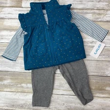 Carters Baby Girl 6M 3 piece Vest Shirt & Pant Set Blue Gold Polka Dot Pockets
