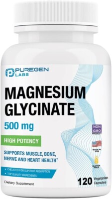 Puregen Labs Magnesium Glycinate 500mg High Potency 120 Veggie Caps