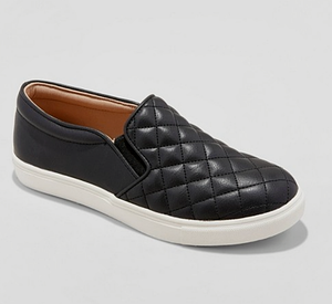 black faux leather slip on sneakers