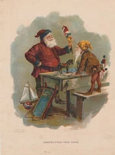 ANTIQUE  SANTA CLAUS WITH ELF INSPECTING TOYS CHRISTMAS LITHOGRAPH SANTA 1899