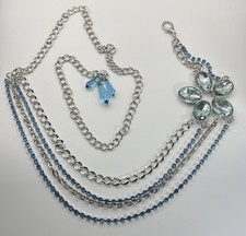 Vintage Blue Rhinestone Flower Chain Link Belt Multi Strand Silver Tone Festival