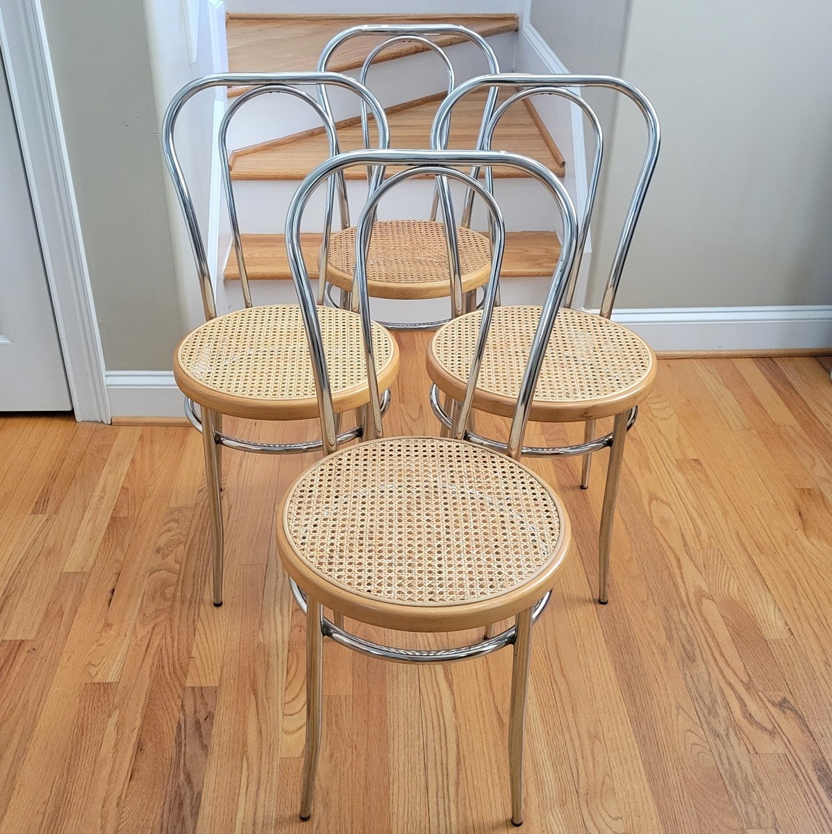 【希少】BAUHAUS THONET postmodern ヴィンテージ 4脚 Vintage Set(4) Thonet/Bauhaus Style Chrome & Cane Bistro Chairs