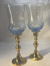 Vintage Homeco Brass Candlesticks Light Blue Diamond Cut Glass Votive Holder Pr
