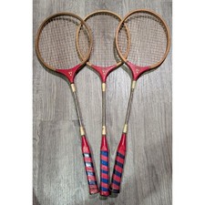 Vintage Hi-Spede Badminton Racquets Set of 3 Wooden Red Blue Striped Handles