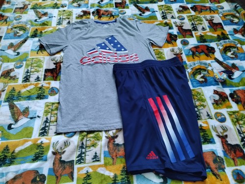 Adidas Kids Lot 2 PCS PATRIOTIC Outfit Tee T-Shirt Shorts Size XL Youth Boys - Picture 2 of 4