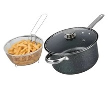 3-in-1 Non-Stick Fryer Chip Pan with Lid & Wire Basket 24cm Deep Fat Frying Pot