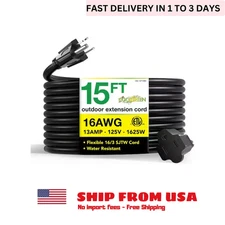 Outdoor Extension Cord 15 ft Black Heavy Duty SJTW 16 Gauge 3 Prong 13 Amp