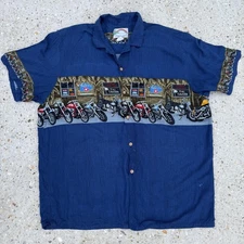 Paradise Found Hawaiian Shirt Mens 2XL Blue Tiki Tavern Motorcycles Panel Aloha