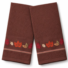 Autumn Kitchen Towels Set 2 Fall Leaf Embroidered Cotton Waffle Dish 16x26