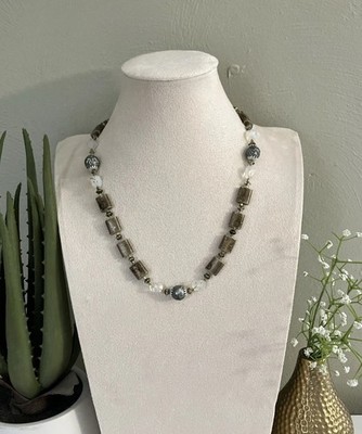 Vintage VTG Unique Bead Necklace Made In Japan Neutral Tones Gold Flecks 21 Inch