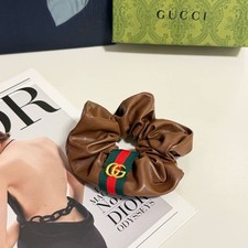 Brown Leather Style Scrunchie Stripe Charm Hair Tie Ponytail Holder Gift