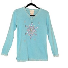 Quacker Factory Women's XS Blue Snowflake Beaded V Neck Sweater Winter Sparkle