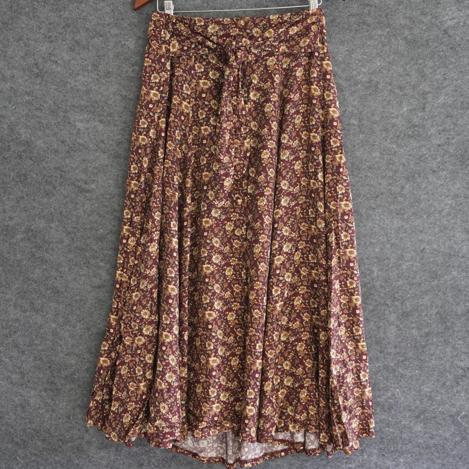 Vtg New York Studio Rayon Floral Maxi Skirt M Burgundy Button Front Boho 90s