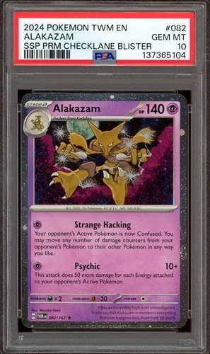 Pokemon TCG Surging Sparks Premium Checklane Blister #082 Alakazam Cosmos PSA 10