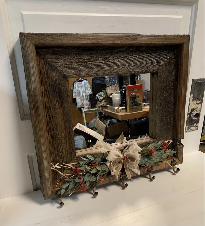 Entryway Barn Wood Mirror with hooks, Bow & Floral Arrangement.  17” X 16”. - Image 4 of 4