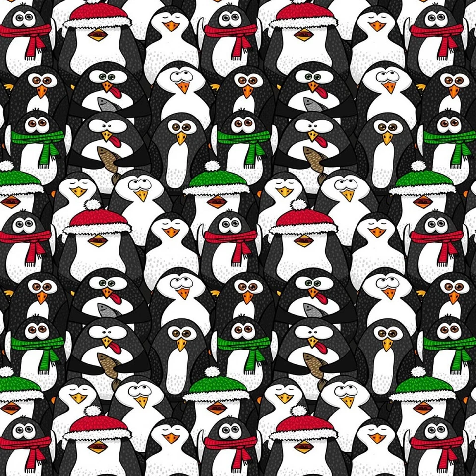 CRAFTY FABRICS Penguins Christmas Fabric 140cm wide 100% Cotton Black & White