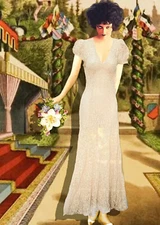 1930’s Champaign Cream Sheer Net Bias Cut Eyelet Lace Dress Puff Sleeves Deco