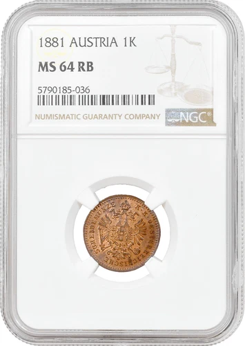 Austria 1 kreuzer 1881, NGC MS64 RB, "Emperor Franz Joseph I (1848 - 1916)"