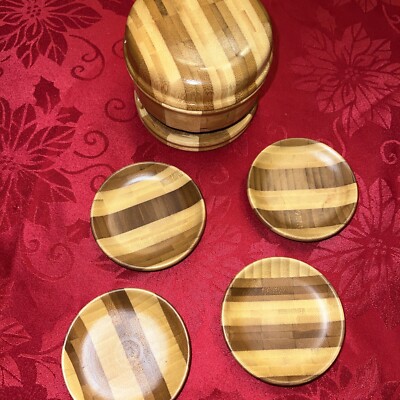 Set of 4 Round Bamboo Coasters with Holder Storage and Cover From Belize