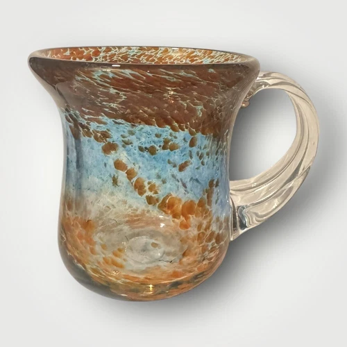 Vintage Hand Blown Art Glass Coffee/Tea Mug  Blue Swirl & Brown Speckled