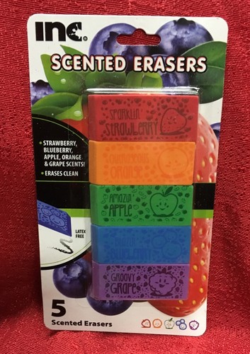5 PK Of FRUIT SCENTED ERASERS BY INC Grape Blueberry Strawberry Apple Orange - 第 1/2 張圖片