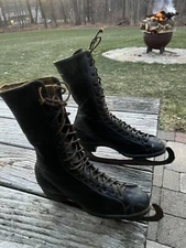 VTG 1900S WOMENS VICTORIAN LEATHER ADJUSTABLE ICE SKATES HIGH HEEL BOOTS