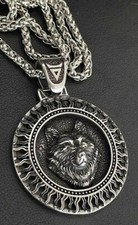 Wikinger Schwarze Sonne Wolf Kopf Fenrir Anhänger Edelstahl Halskette Biker K59