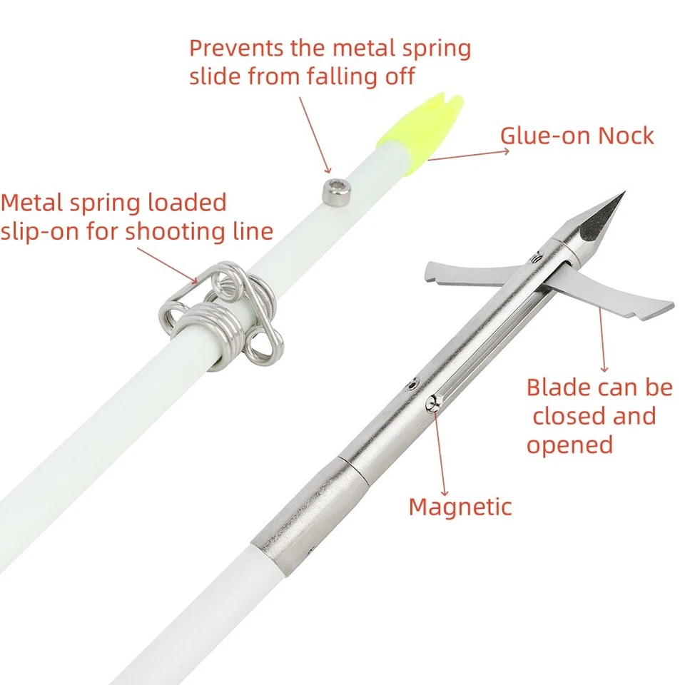 3/6/12Pcs Archery Bowfishing Arrows Solid Fiberglass Shaft Broadheads Fishing - Image 2 of 4