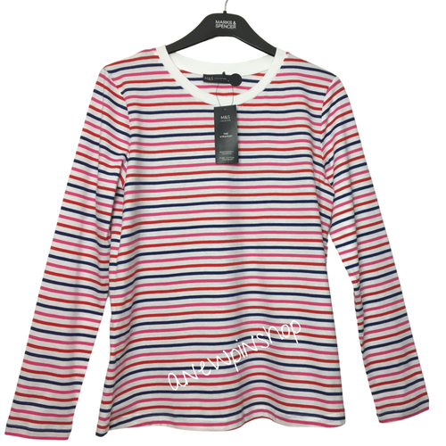 Camiseta M&S Damas Top Roja O Azul Marino Mezcla Rayas Algodón Puro Nueva con Etiquetas Marcas - Imagen 19 de 20