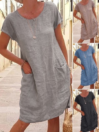 Womens Summer Cotton Linen Midi Dress Ladies Casual Loose Solid Pocket Dress US - Picture 13 of 18