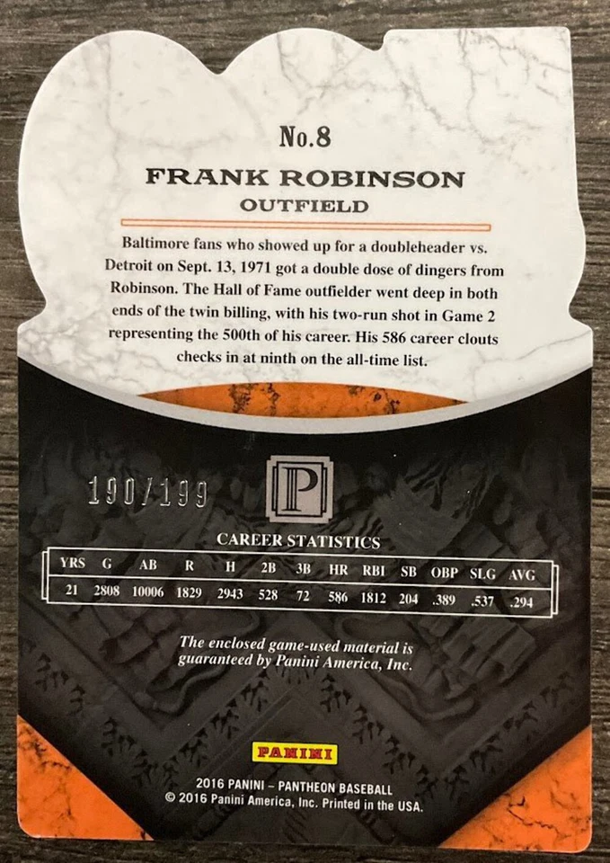 Frank Robinson 2016 Panini Pantheon 500 Home Run Club Swatch 190/199 #8 - Image 2 of 2
