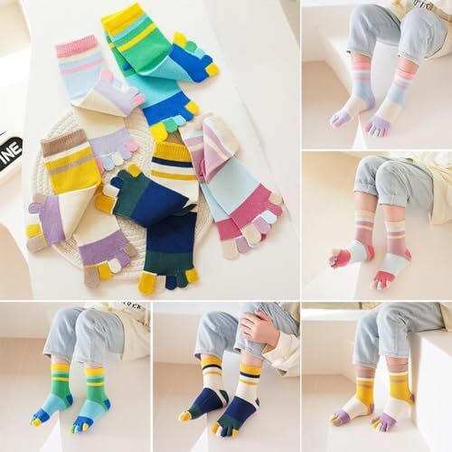 Kids Cotton Toe Socks Rainbow Striped Five Toe Socks 6 Pairs US Age 2-10 Year... - Picture 2 of 10