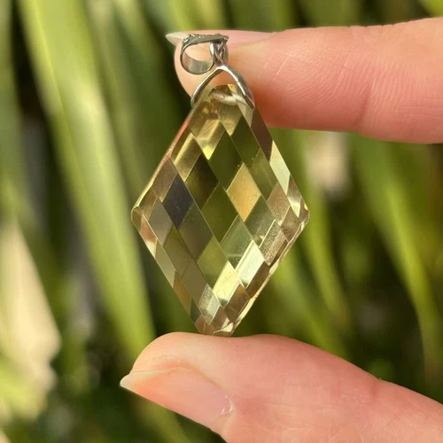 Natural yellow crystal pendant with diamond face hand carved crystal healing