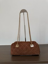 Vintage Chocolate Fuzzy Suede Horizontal Hobo Bag Antique Gold Hardware Handbag