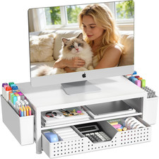 2-Tier Monitor Stand Riser w/ Drawer Pen Holders Organizer for Office White