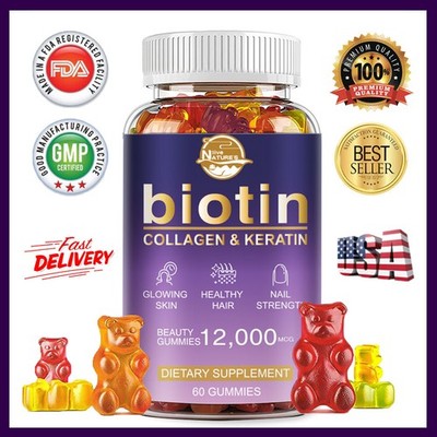 Biotin & Collagen 12000mcd 60 Gummies   Hair Skin Nails Beauty Supplement