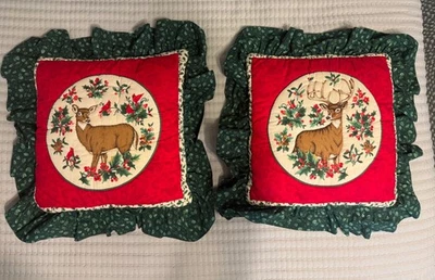 Vtg Pillows w/Ruffles Handmade Quilted Christmas Whitetail Deer Cottage Cabin - Image 1 of 4