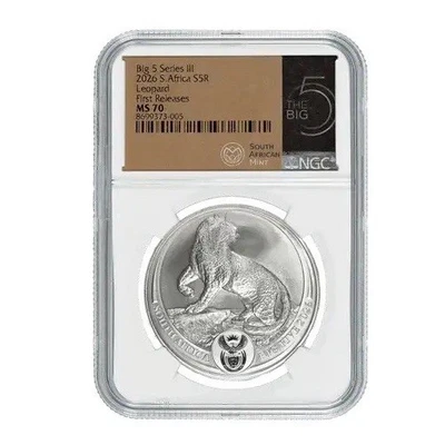 2026 South Africa 1 oz Silver Big 5 III Leopard BU NGC MS70 First Releases - Image 1 of 4