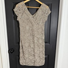 Scarlett Brand Brown Lace, Sequins Cocktail Dress Size 14 Petite Knee Length