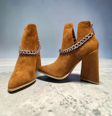 Tan Faux Suede Pointed Toe Ankle Boots With Silver Chain Detail & Block Heel - Image 1 of 4