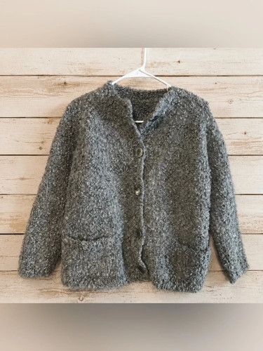 Handmade Gray Wool Blend Boucle Chunky Knit Cardigan Small