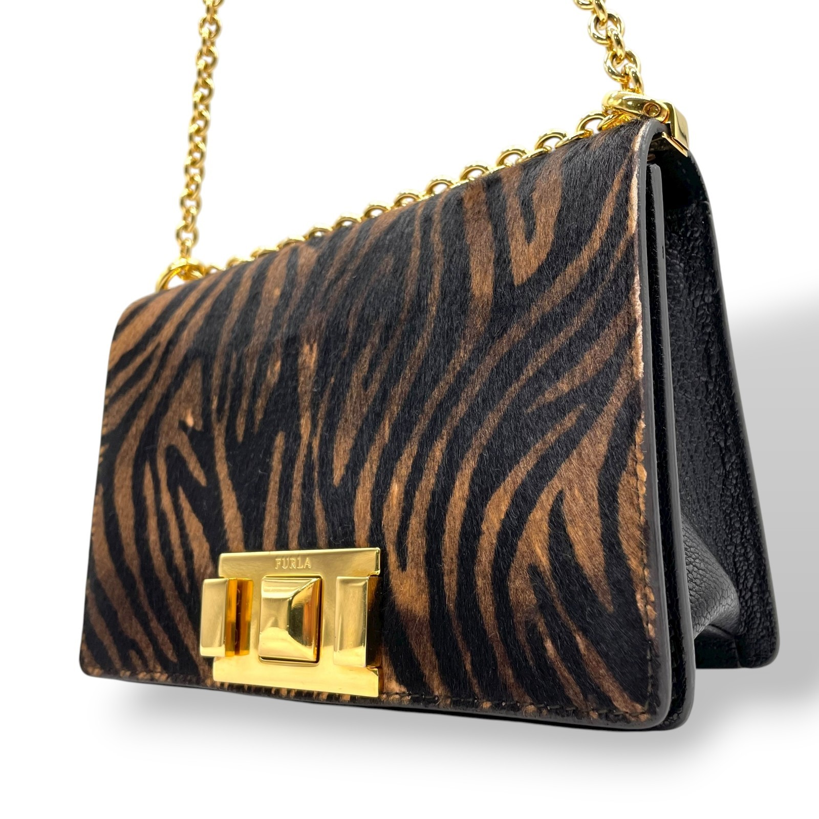 Auténtico mini bolso de hombro con cadena de cuero de pelo de pony cebra FURLA