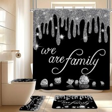 4Pcs Family Glitter Diamond Shower Curtain Sets, Black Famliy Shower Curtain ...