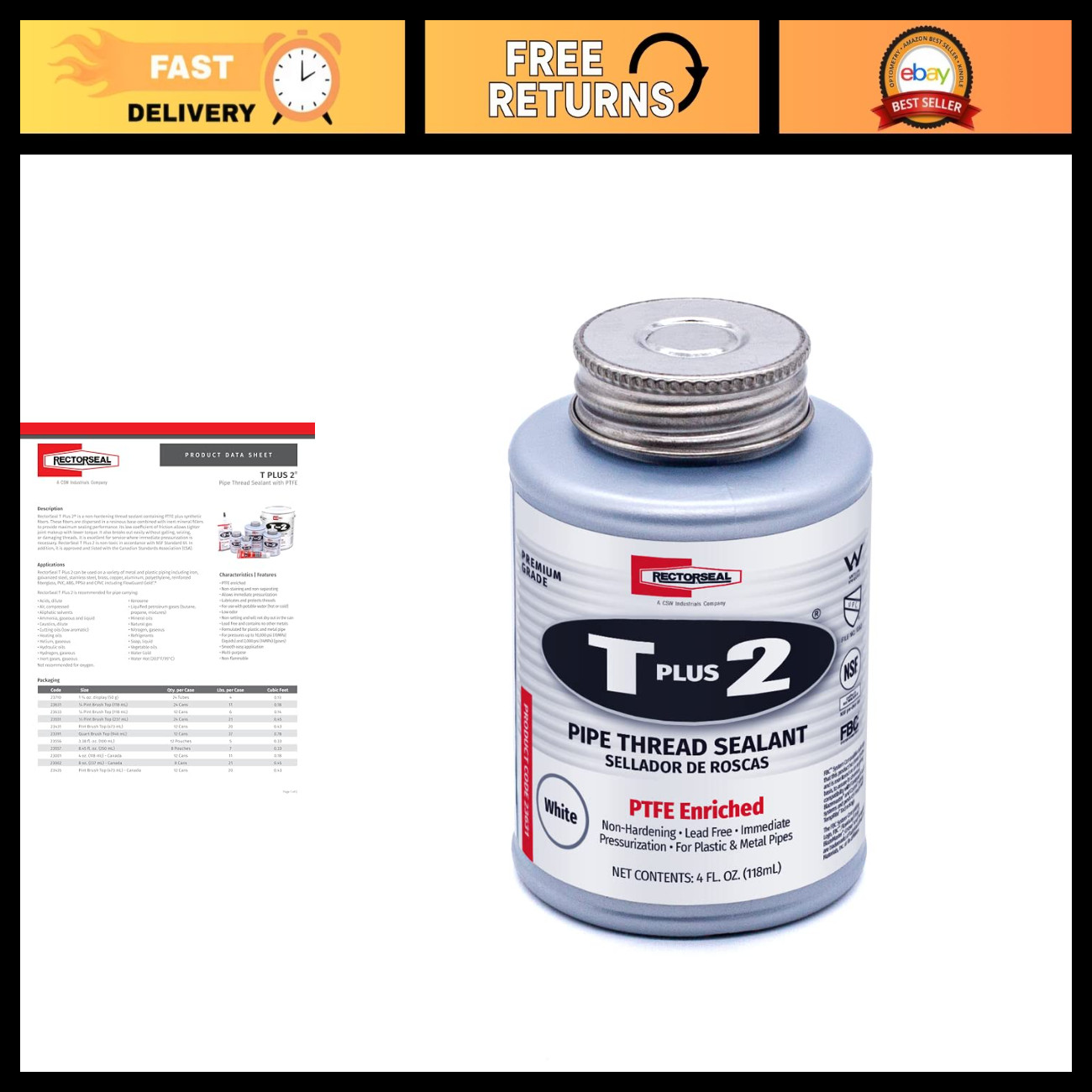 Non-Hardening PTFE Pipe Thread Sealant, Plumbing Sealant, 1/4 Pint, Leak Proof