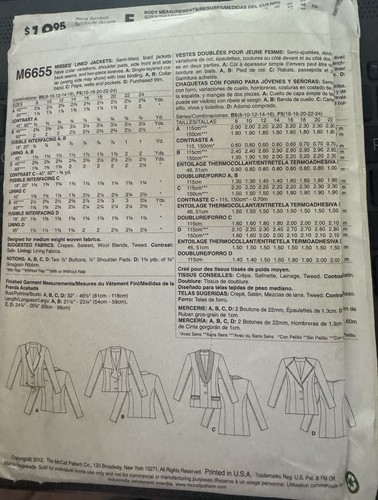 McCall's Palmer/Pletsch pattern M6655 Misses' Lined Jackets size 16 - 24 uncut - Picture 2 of 2